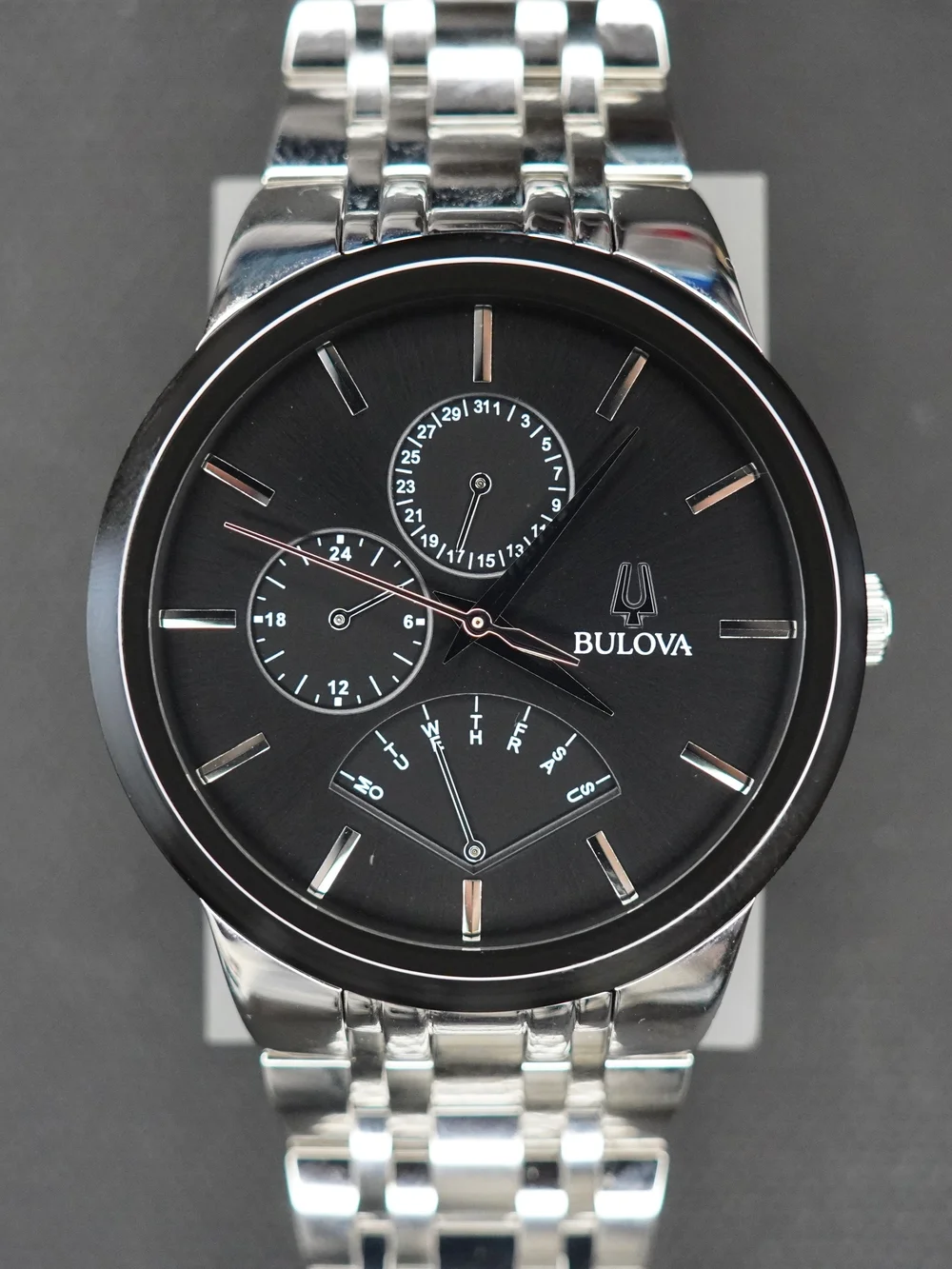 Bulova 96C144 Quartz Multifunction Day-Date Black Dial Stainless Steel Watch